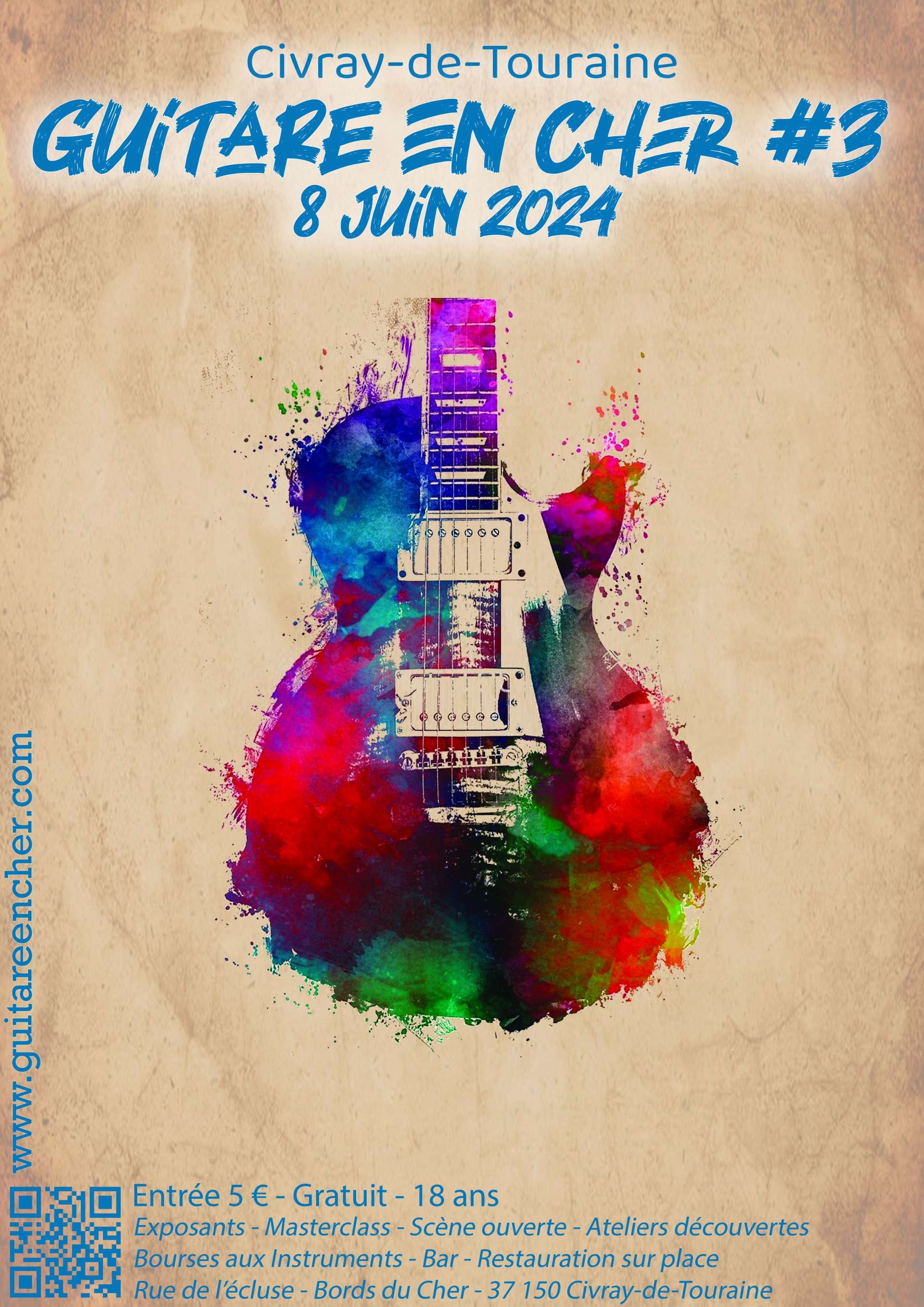 Affiche annonçant la 3ème édition de Guitare en Cher le 8 juin 2024
