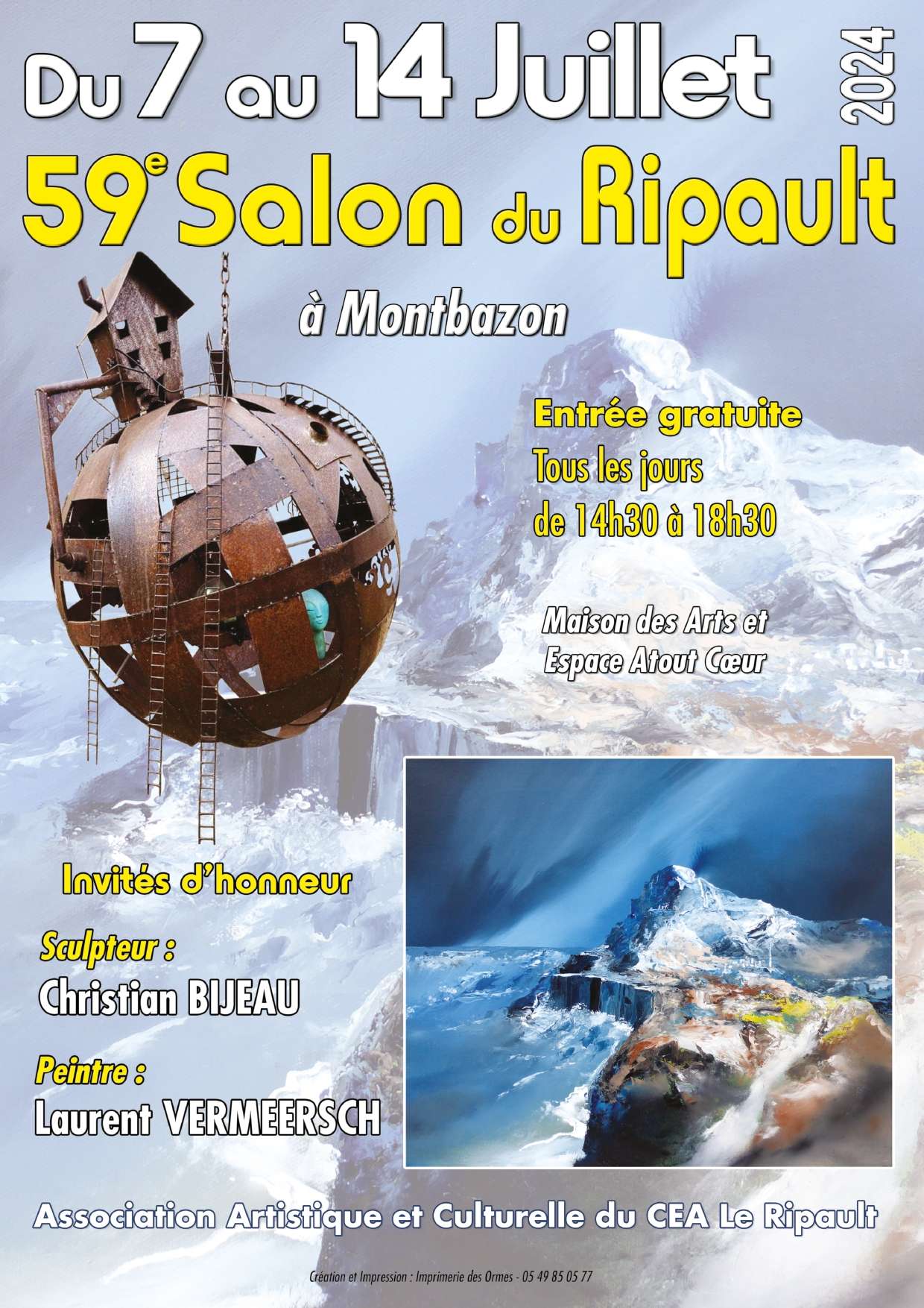 Chers amateurs d'art et de culture, Nous avons le plaisir de vous annoncer la 59ème édition du Salon de l'Association Artistique et Culturelle du CEA/Le Ripault. Cet événement incontournable se tiendra du 07 au 14 juillet à Montbazon. 📍 Lieux : Maison des Arts de Montbazon Espace Atout Cœur 🕑 Horaires : Tous les jours de 14h30 à 18h30 Cette année, nous avons l'honneur d'accueillir : Laurent VERMEERSCH, peintre Christian BIJEAU, sculpteur Venez découvrir les œuvres d'artistes talentueux et échanger av