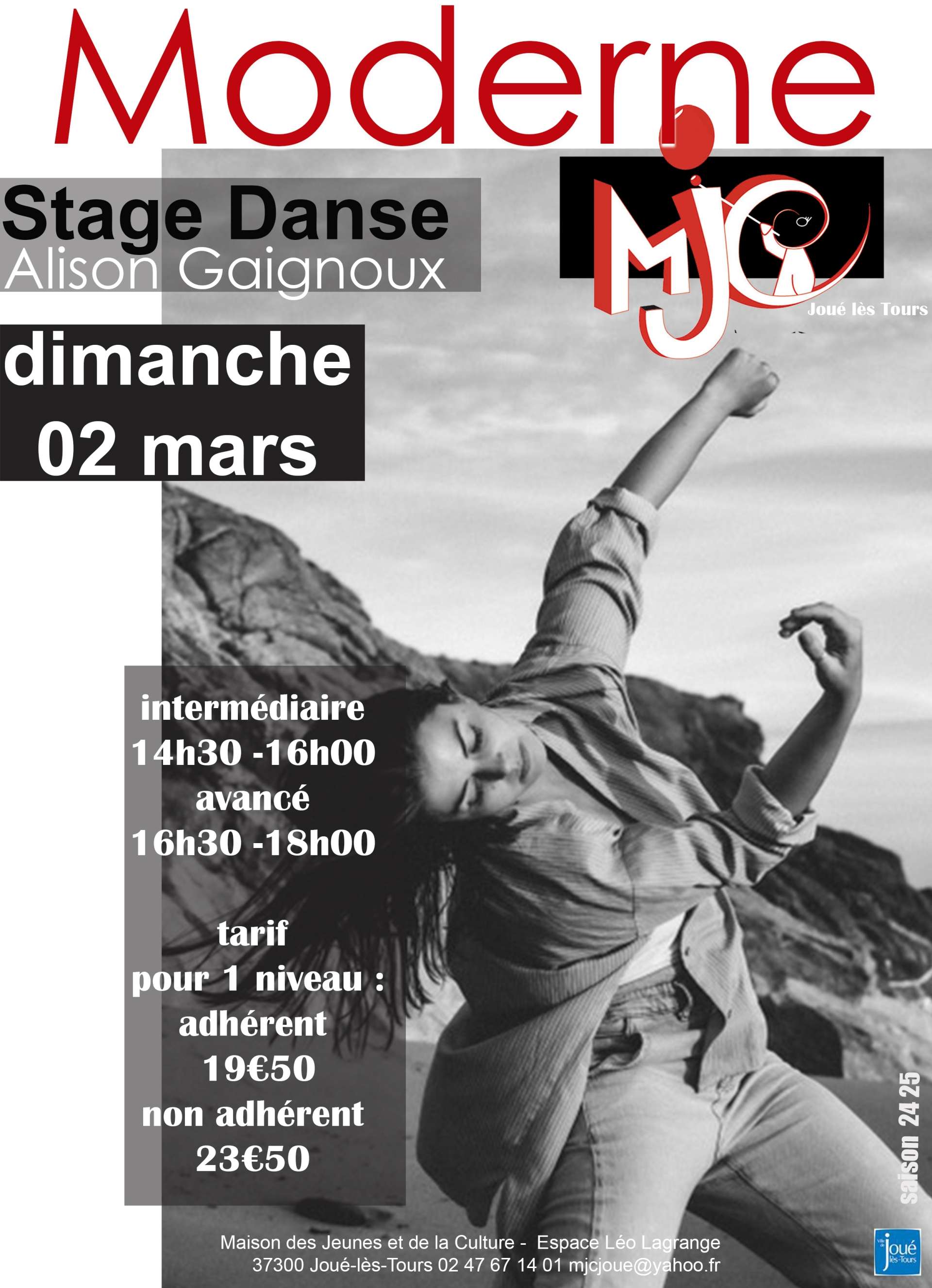 Stage de danse moderne avec Alison Gaignoux dimanche 2 mars au gymnase de l'alouette à Joué lès-tours. 14h30 18h00.